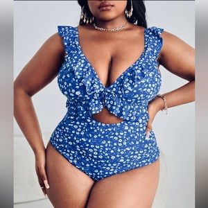 Shein Plus Ditsy Floral Print Ruffle Trim Cut Out Knot Front One Piece Swimsuit